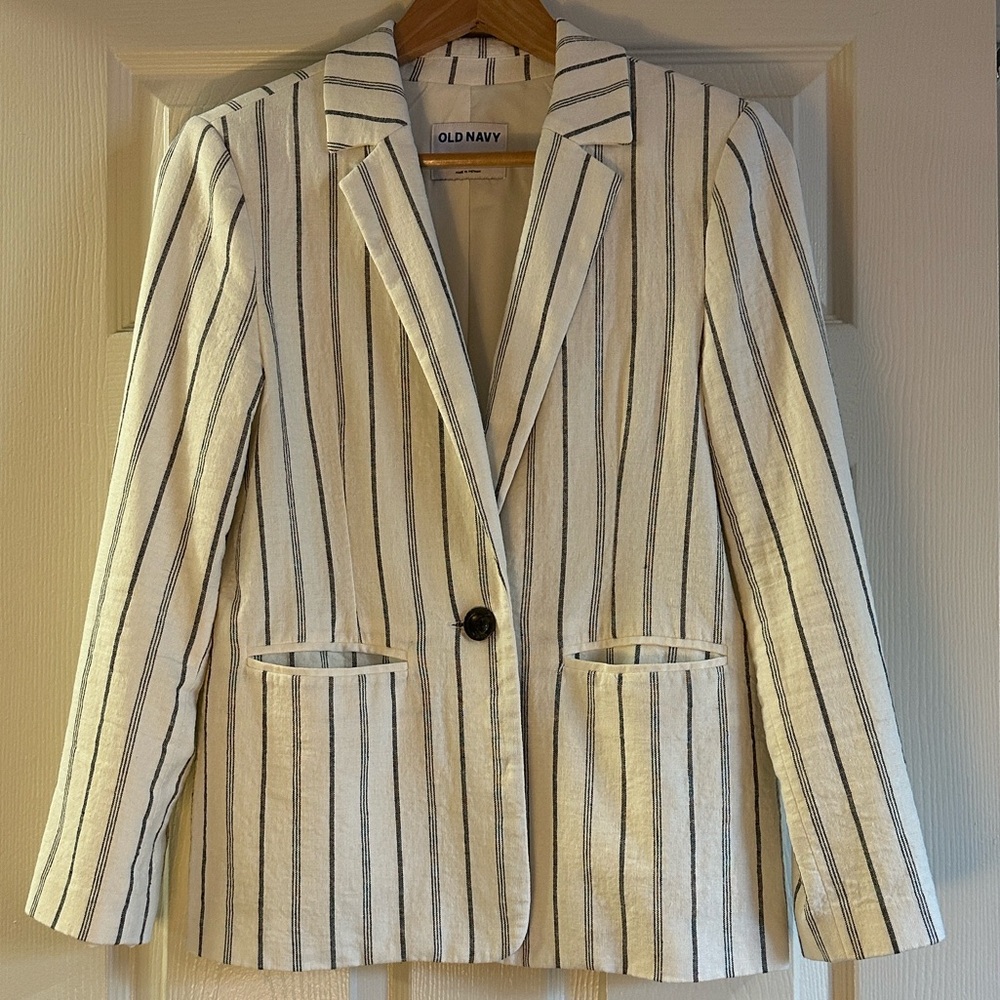 Old Navy Women's Blazer - Cream and Black Stripes
